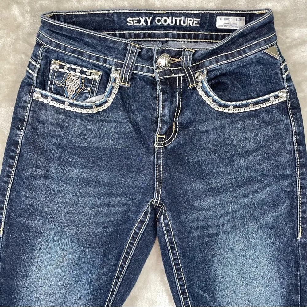 Sexy Couture Boot Cut Jeans Embroidered Back Pockets Dark Wash Size 3 Juniors